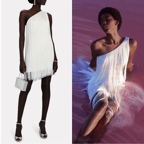 No Pise La Grama Dresses & Skirts - NO PISE LA GRAMA Cascada One Shoulder Fringe Satin White Mini Dress Sz 0